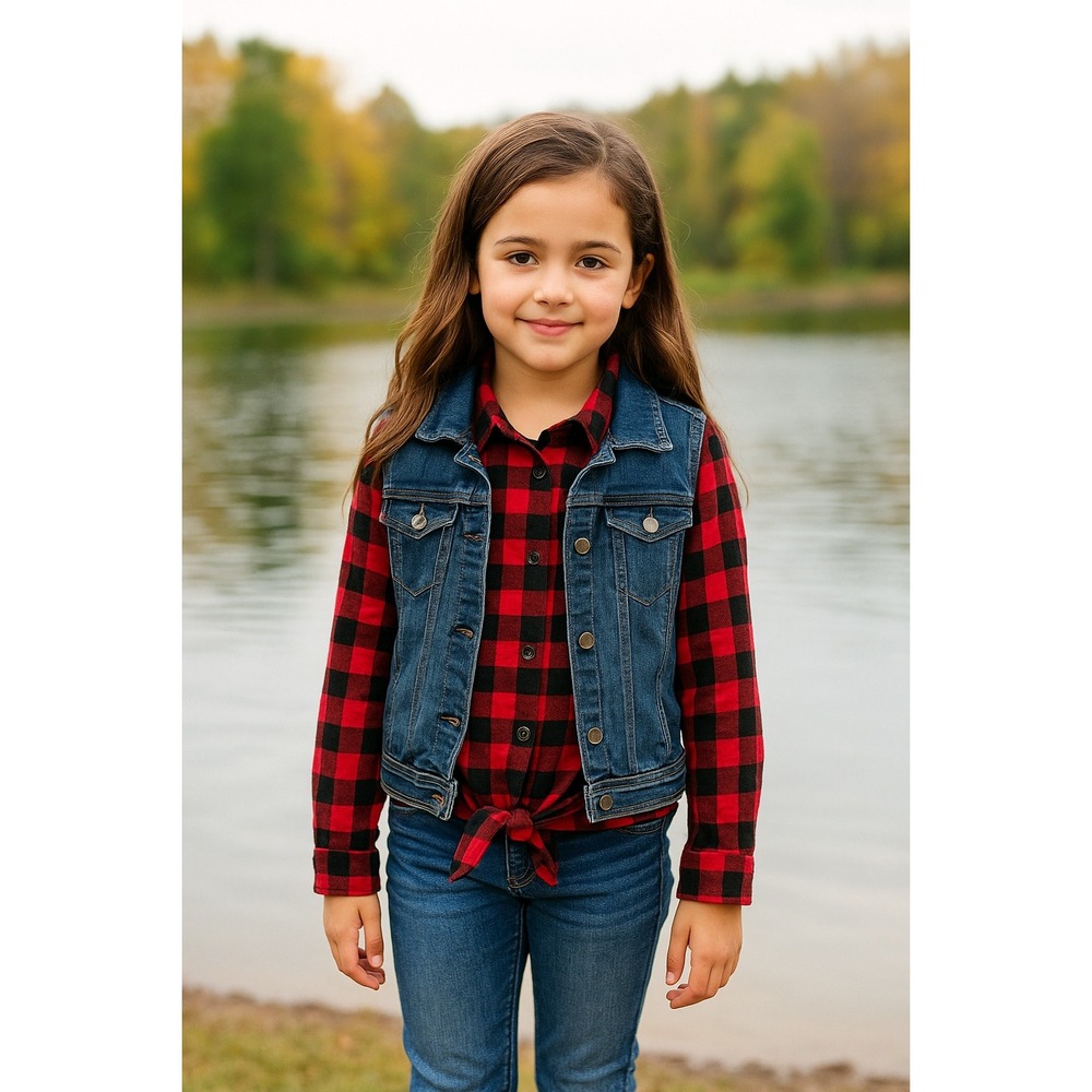 Old Navy Girls Denim Vest Red Buffalo Plaid‎ fleece 14/16  Woodsy valentines